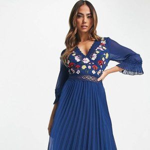 ASOS DESIGN lace insert pleated midi dress with embroidery in navy